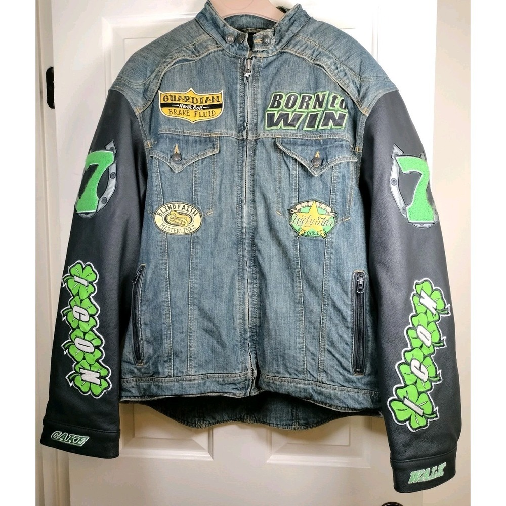 Icon Strongarm 7 Denim Leather Motorcycle Jacket Mens 2XL Black Green Patches